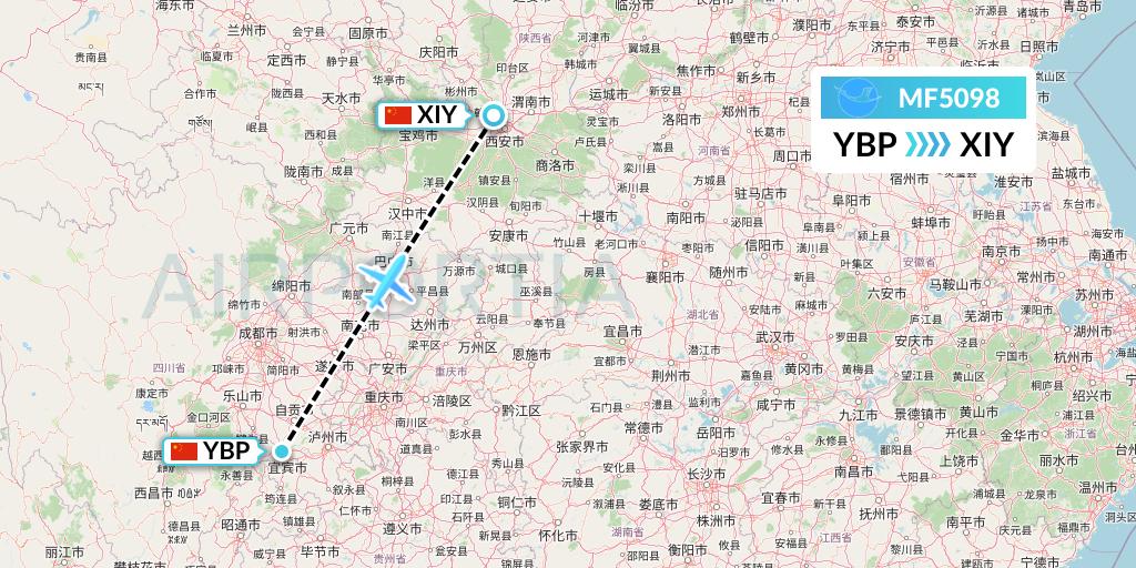MF5098 Xiamen Airlines Flight Map: Yibin to Xi'an