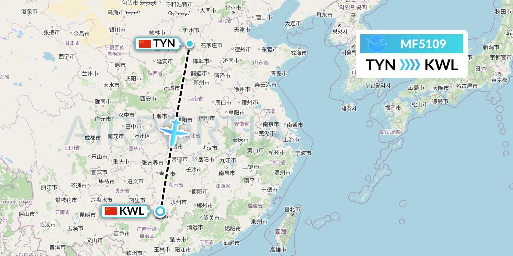MF5109 Xiamen Airlines Flight Map: Taiyuan to Guilin