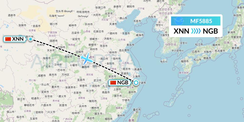 MF5885 Xiamen Airlines Flight Map: Xining to Ningbo
