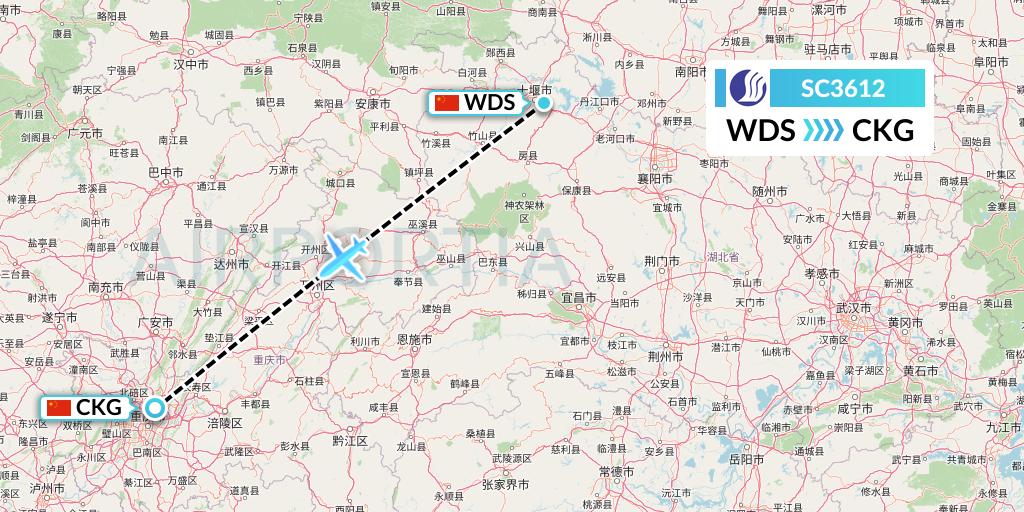 SC3612 Shandong Airlines Flight Map: Shiyan to Chongqing