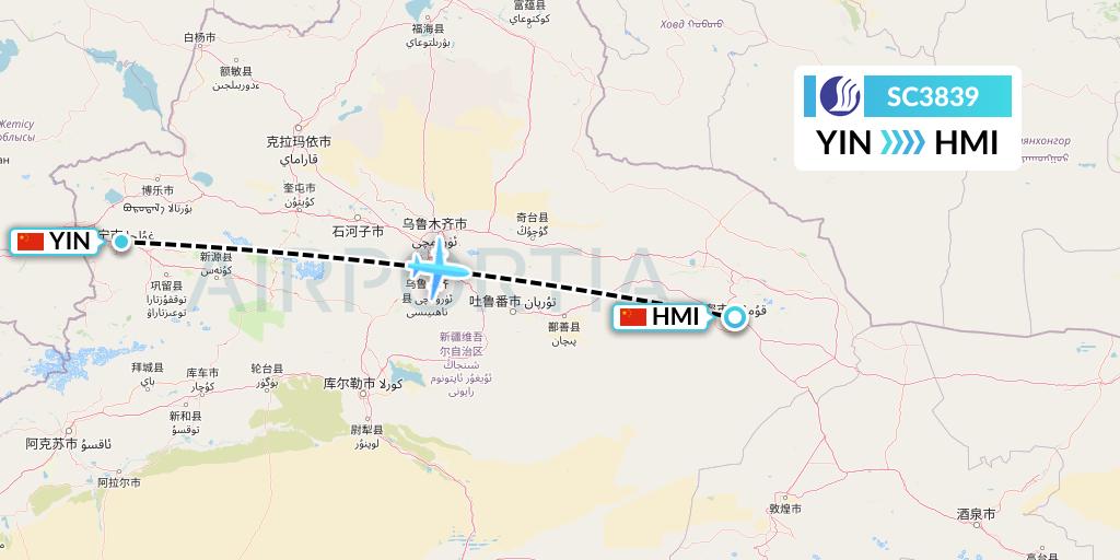 SC3839 Shandong Airlines Flight Map: Yining to Hami City