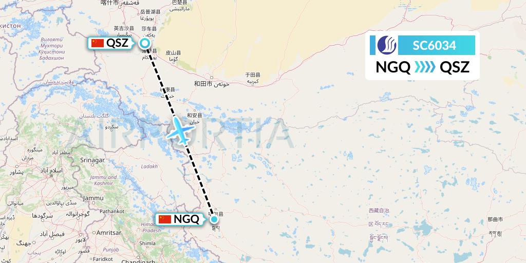 SC6034 Shandong Airlines Flight Map: Ngari to Hotan