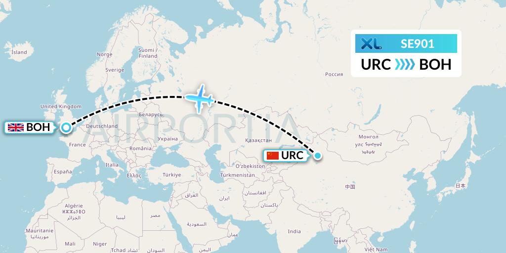 SE901 XL Airways France Flight Map: Urumqi to Bournemouth