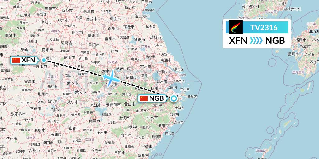 TV2316 Tibet Airlines Flight Map: Xiangyang to Ningbo