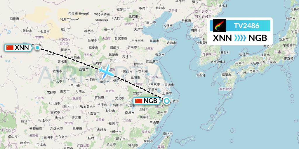 TV2486 Tibet Airlines Flight Map: Xining to Ningbo