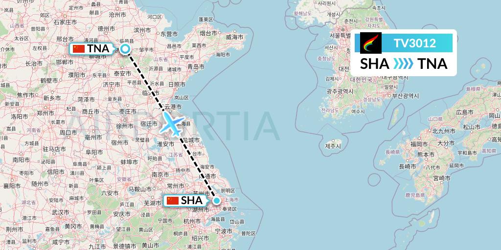 TV3012 Tibet Airlines Flight Map: Shanghai to Jinan