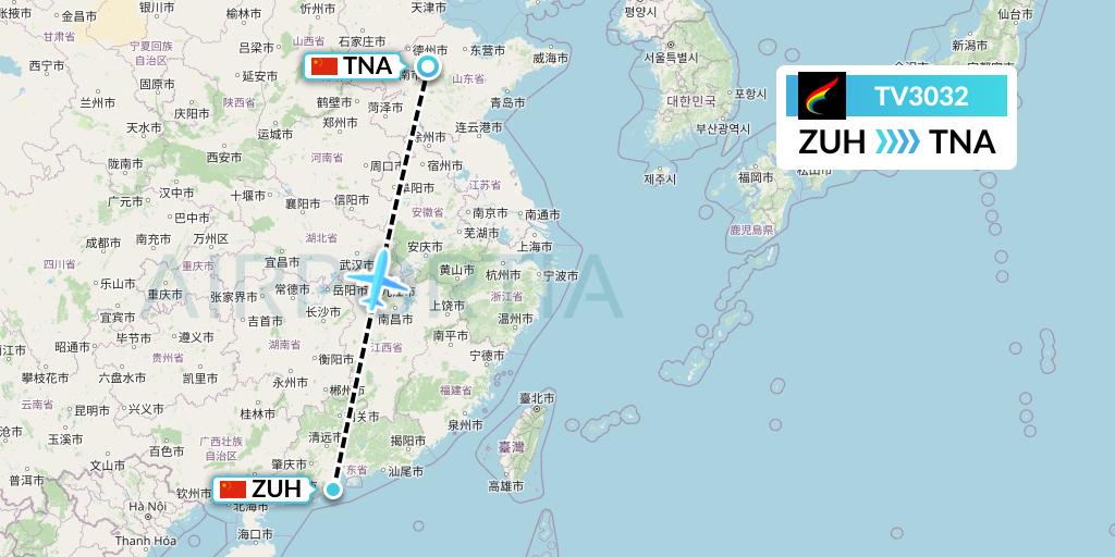 TV3032 Tibet Airlines Flight Map: Zhuhai to Jinan
