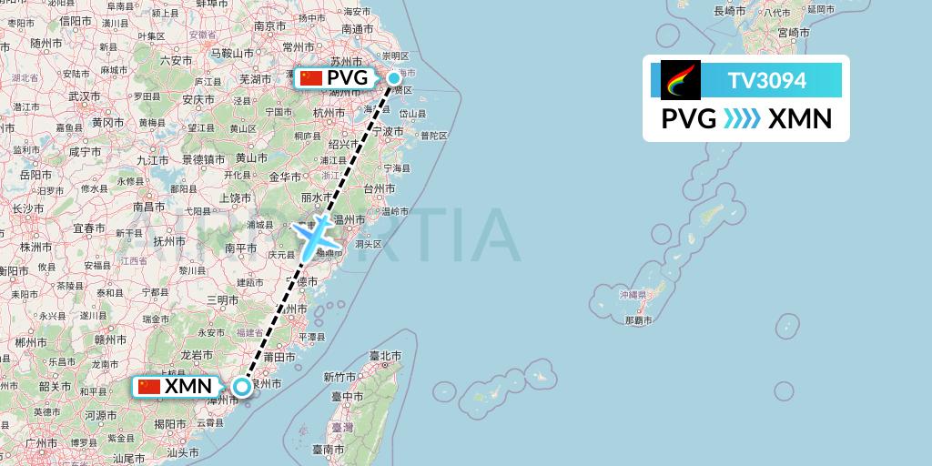 TV3094 Tibet Airlines Flight Map: Shanghai to Xiamen
