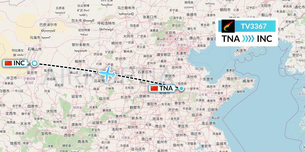 TV3367 Tibet Airlines Flight Map: Jinan to Yinchuan