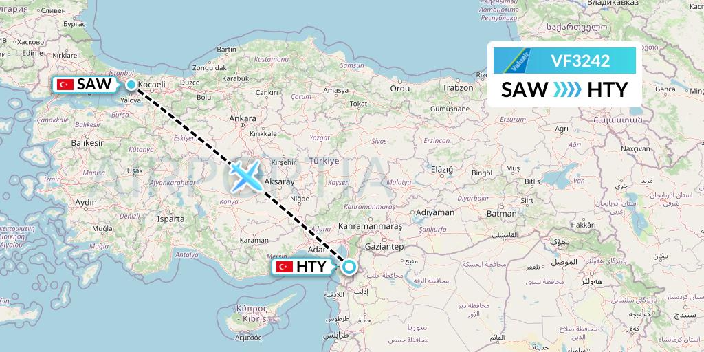 VF3242 ValuAir Flight Map: Istanbul to Antakya