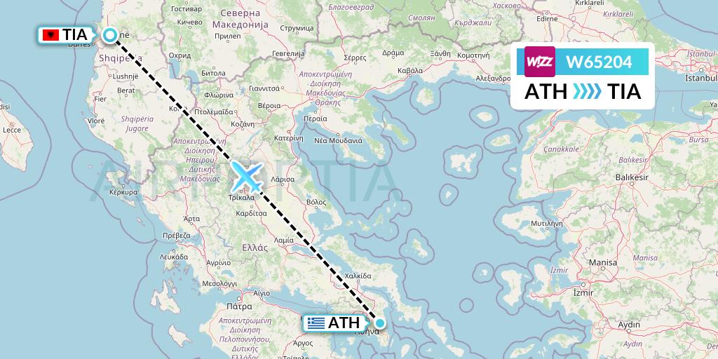W65204 Wizz Air Flight Map: Athens to Tirana