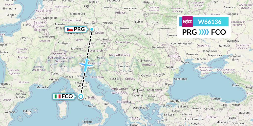W66136 Wizz Air Flight Map: Prague to Rome