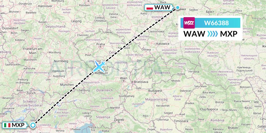W66388 Wizz Air Flight Map: Warsaw to Milan