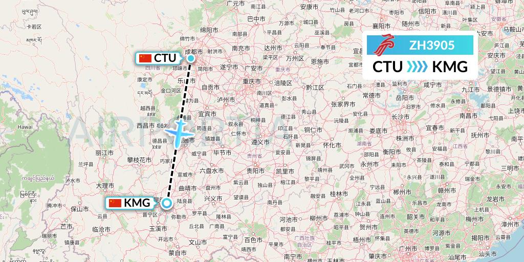 ZH3905 Shenzhen Airlines Flight Map: Chengdu to Kunming