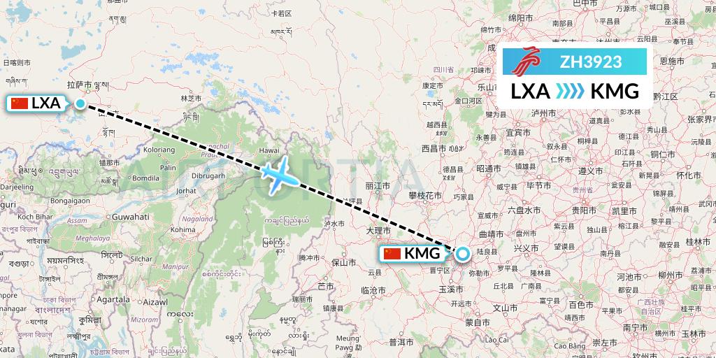 ZH3923 Shenzhen Airlines Flight Map: Lhasa to Kunming