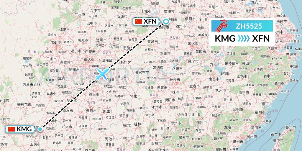ZH5525 Shenzhen Airlines Flight Map: Kunming to Xiangyang