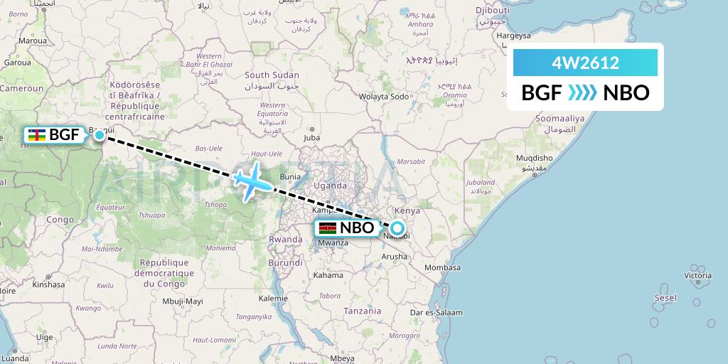 4W2612 Warbelows Air Ventures Flight Map: Bangui to Nairobi