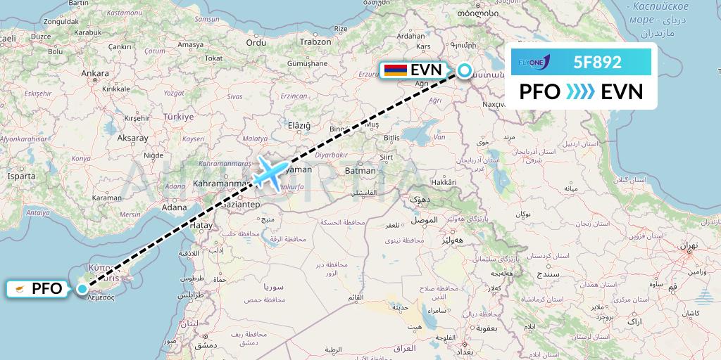 5F892 Fly One Flight Map: Pafos to Yerevan
