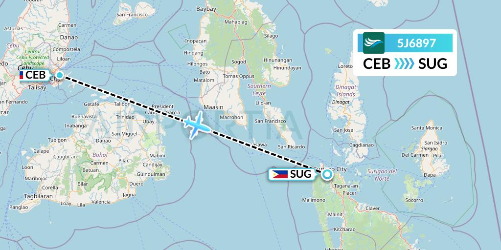 5J6897 CEBU Pacific Air Flight Map: Cebu to Surigao