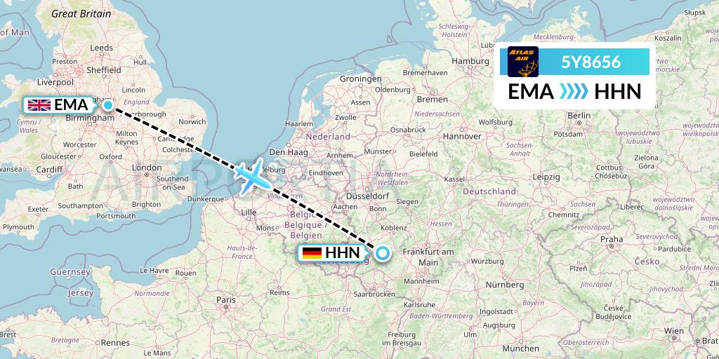 5Y8656 Atlas Air Flight Map: East Midlands to Hahn