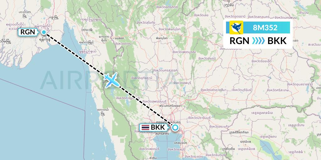 8M352 Myanmar Airways International Flight Map: Yangon to Bangkok