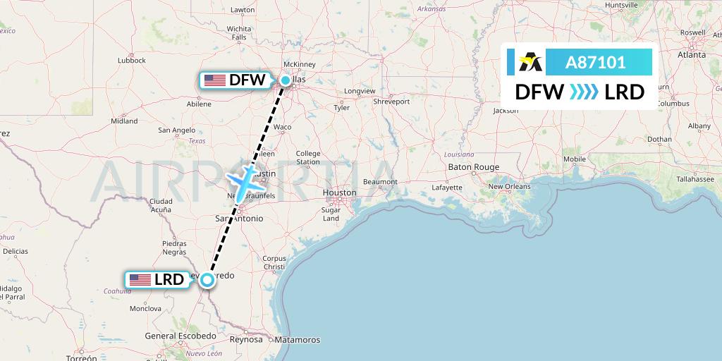 A87101 Aerolink Uganda Flight Map: Dallas to Laredo