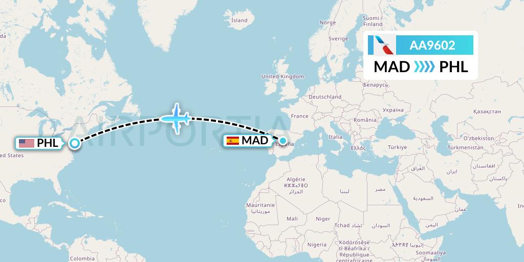 AA9602 American Airlines Flight Map: Madrid to Philadelphia
