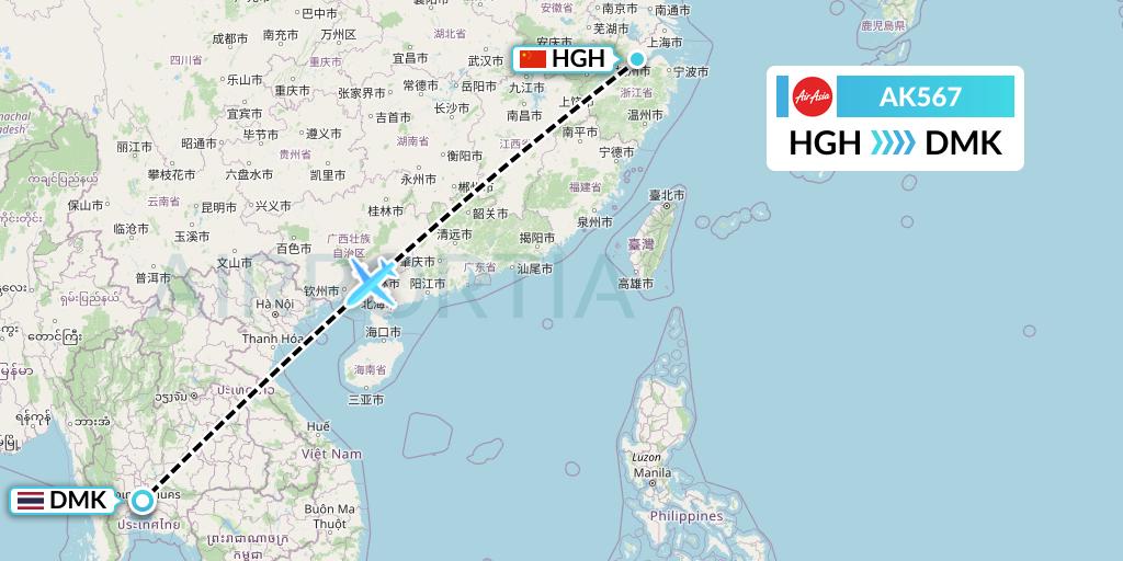 AK567 AirAsia Flight Map: Hangzhou to Bangkok
