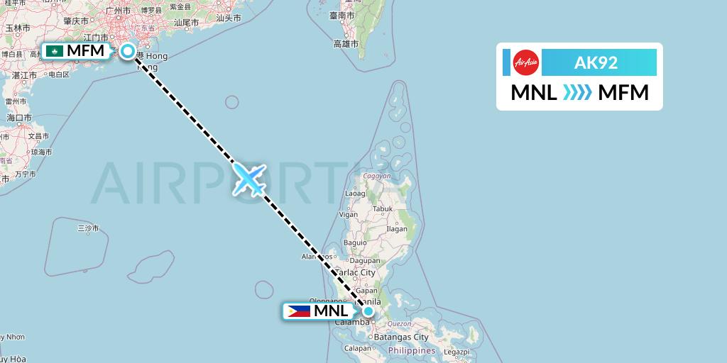 AK92 AirAsia Flight Map: Manila to Macau