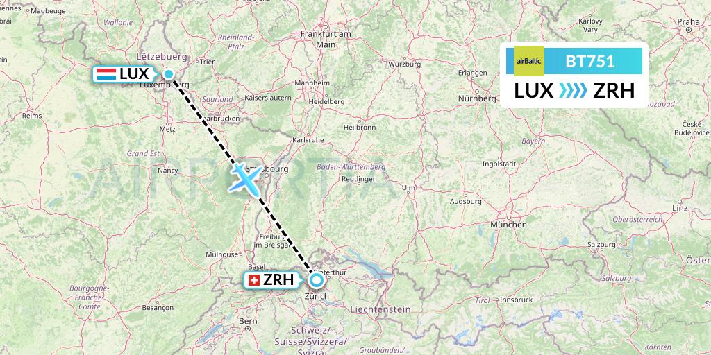 BT751 Air Baltic Flight Map: Luxembourg to Zurich