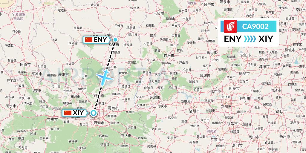 CA9002 Air China Flight Map: Yan'an to Xi'an
