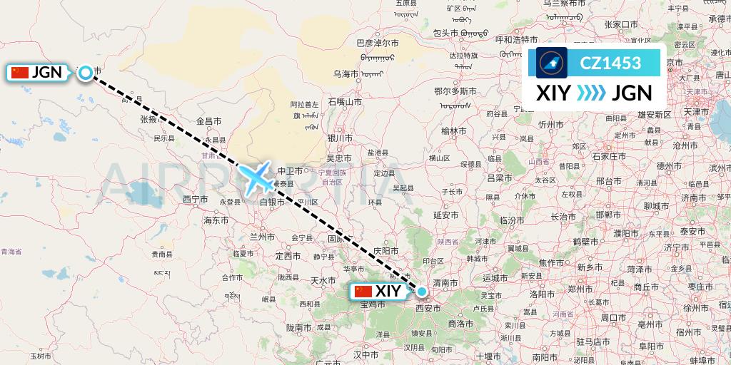 CZ1453 China Southern Airlines Flight Map: Xi'an to Jiayuguan