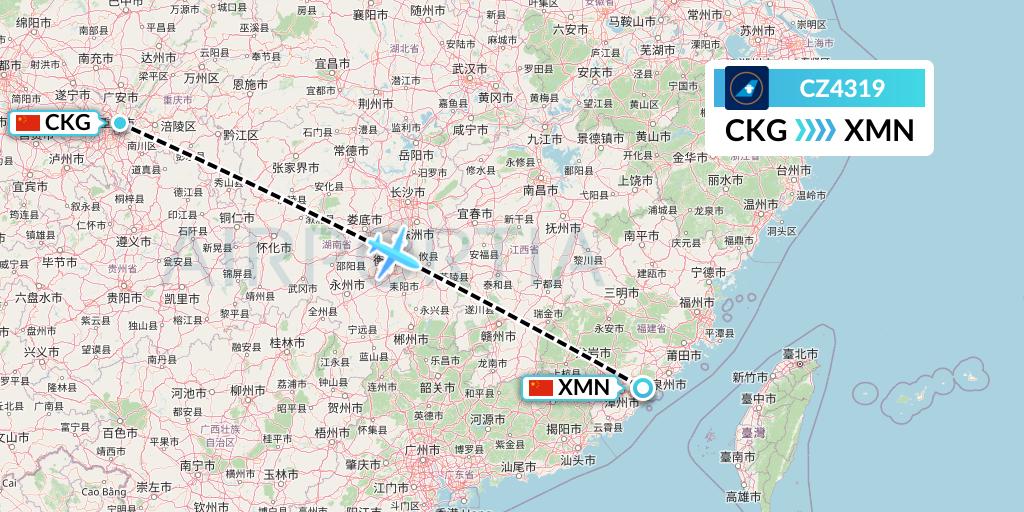 CZ4319 China Southern Airlines Flight Map: Chongqing to Xiamen