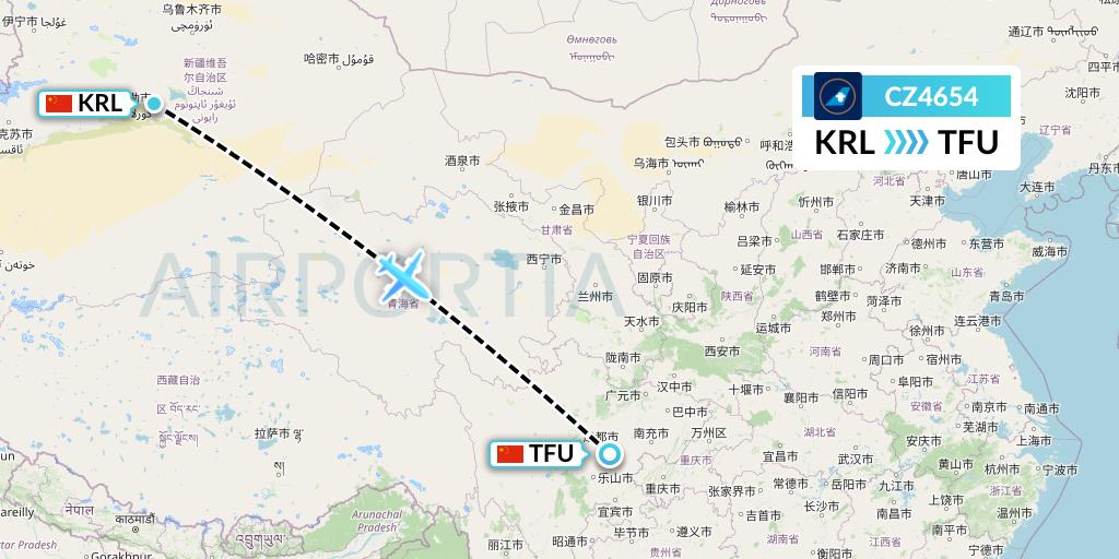 CZ4654 China Southern Airlines Flight Map: Korla to Chengdu