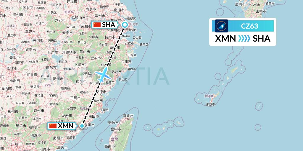 CZ63 China Southern Airlines Flight Map: Xiamen to Shanghai