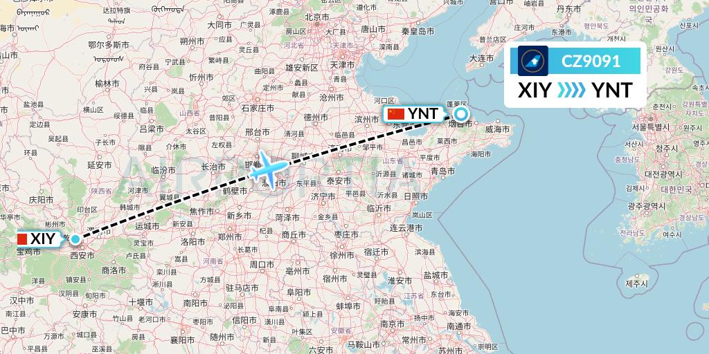 CZ9091 China Southern Airlines Flight Map: Xi'an to Yantai