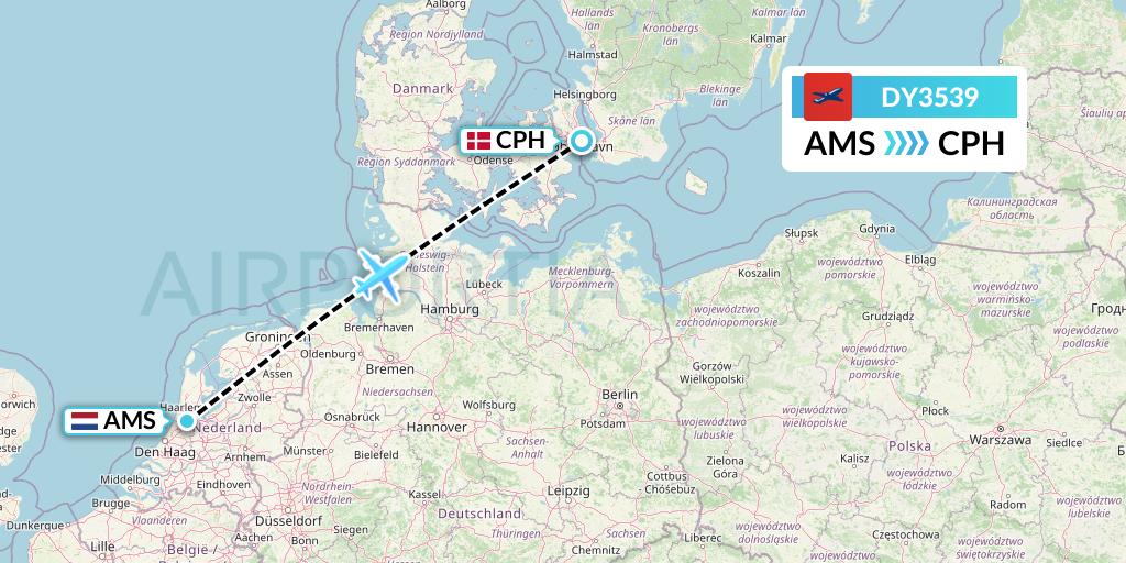 DY3539 Norwegian Flight Map: Amsterdam to Copenhagen