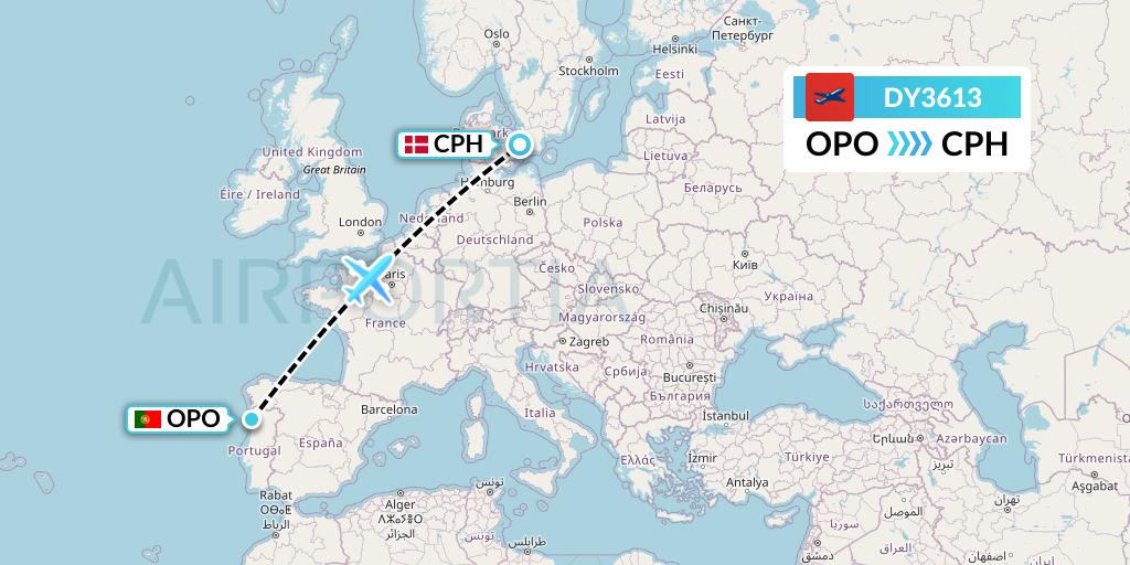 DY3613 Norwegian Flight Map: Porto to Copenhagen