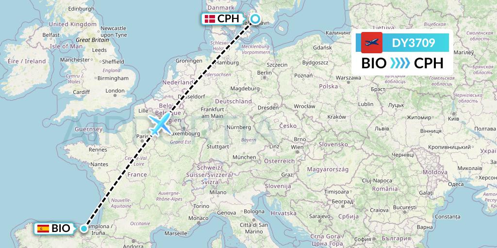 DY3709 Norwegian Flight Map: Bilbao to Copenhagen