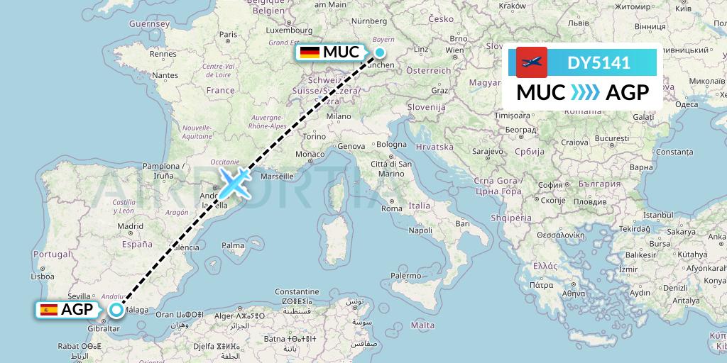 DY5141 Norwegian Flight Map: Munich to Malaga