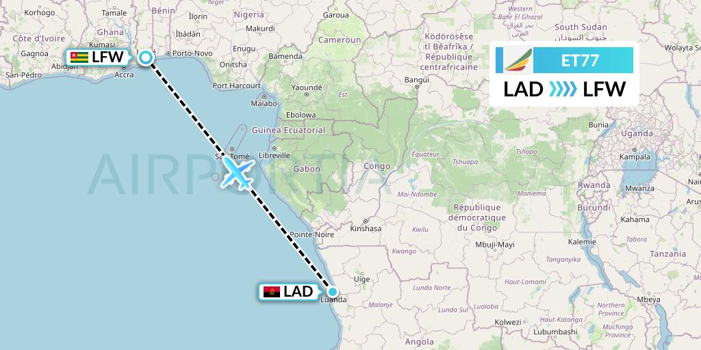 ET77 Ethiopian Airlines Flight Map: Luanda to Lome