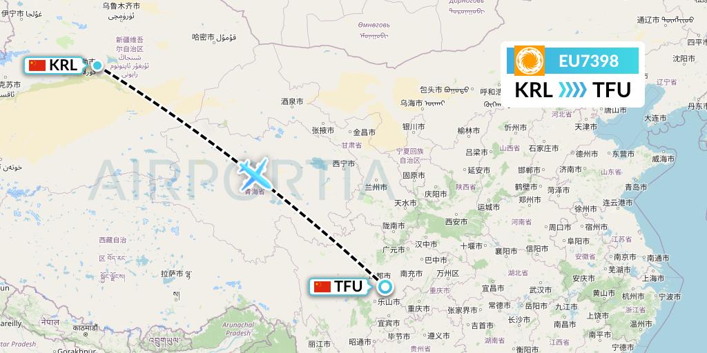 EU7398 Chengdu Airlines Flight Map: Korla to Chengdu
