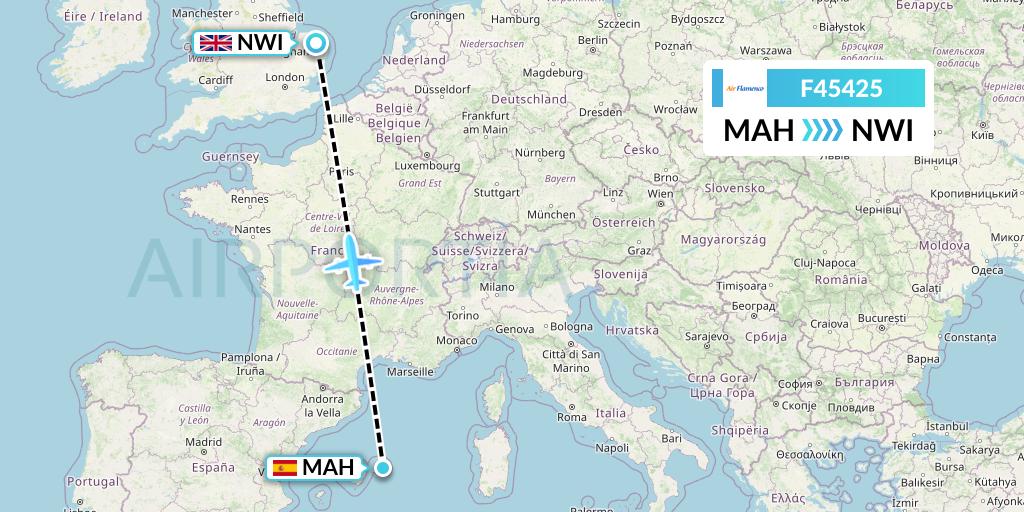 F45425 Air Flamenco Flight Map: Mahon to Norwich
