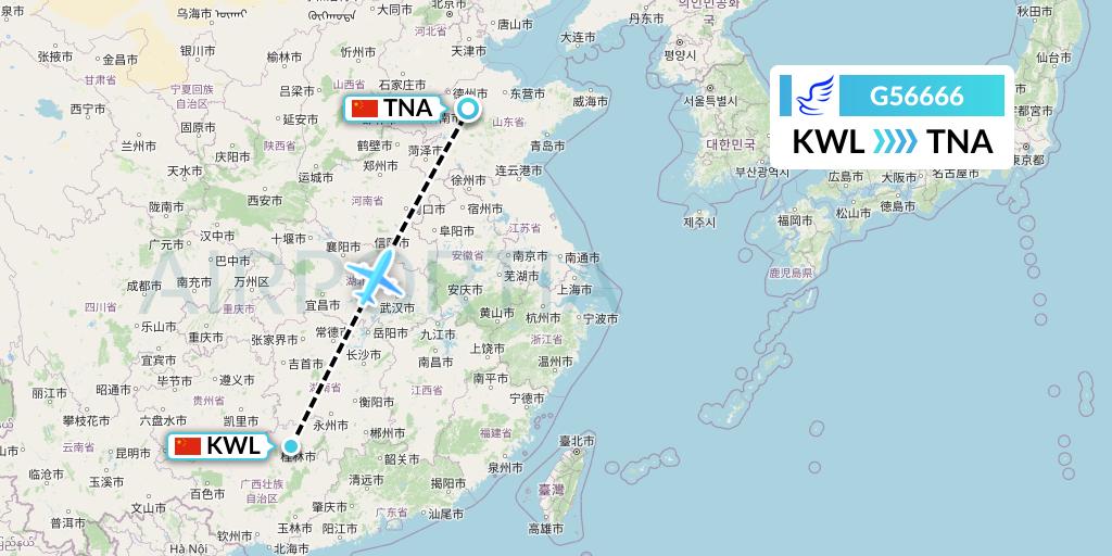 G56666 China Express Airlines Flight Map: Guilin to Jinan