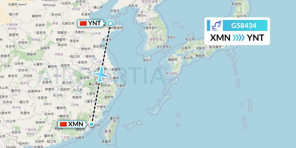 G58434 China Express Airlines Flight Map: Xiamen to Yantai