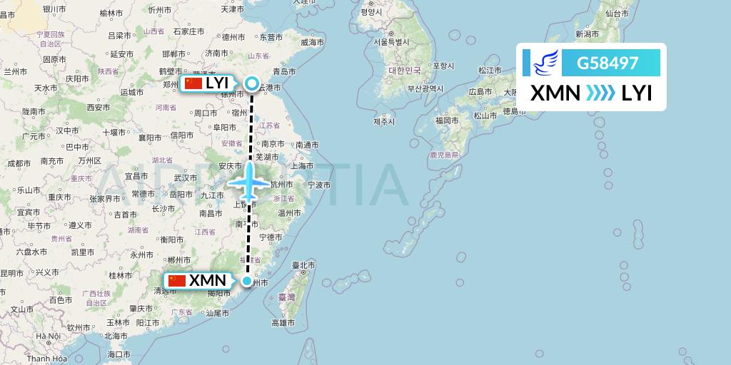 G58497 China Express Airlines Flight Map: Xiamen to Linyi