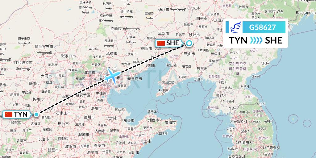 G58627 China Express Airlines Flight Map: Taiyuan to Shenyang