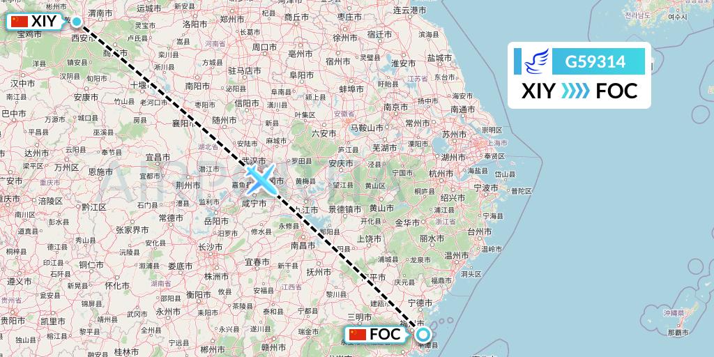 G59314 China Express Airlines Flight Map: Xi'an to Fuzhou