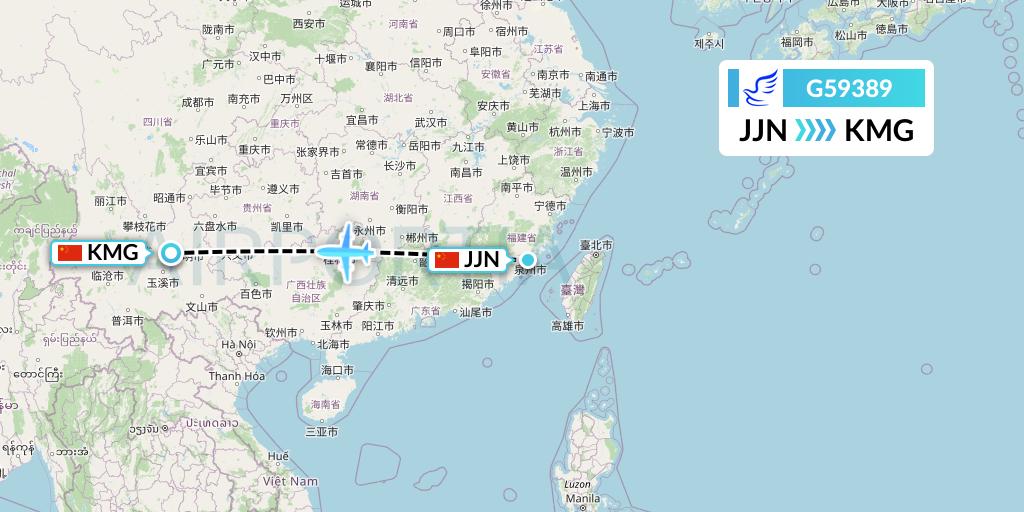 G59389 China Express Airlines Flight Map: Jinjiang to Kunming