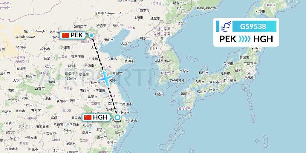 G59538 China Express Airlines Flight Map: Beijing to Hangzhou